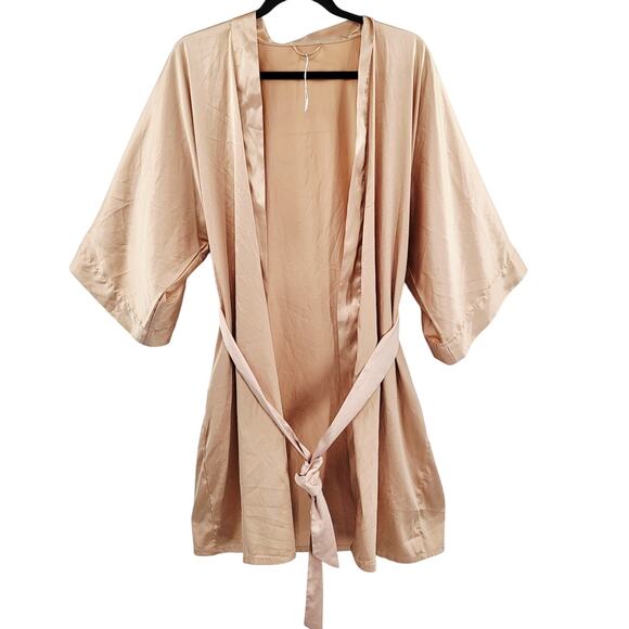 SIORO Beige Kimono Sleeves Robe Tie Waist Pockets Short Length Women's Size L - Picture 1 of 6